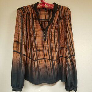 Sami & Jo Womens Small V-Neck Brown Black Plaid Ombre Pleated Blouse Long Sleeve